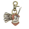 Vintage metal guitar keychain with brown leather charm and swivel hook for keys and bags. - Spring Buckle Style / Antique Bronze