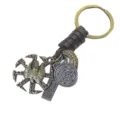 Porte-clés en alliage bronze ancien avec corde en cuir tressé et pendentifs en métal. - Aigle à Engrenages