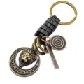 Llavero vintage con cabeza de león y cuerda de cuero metal retro colgante para llaves de auto. - Como se Muestra / Rey León Cuero Negro