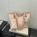 Pink butterfly print tote bag with cute bunny pendant, casual large capacity shoulder handbag. - With Pendant / Pink