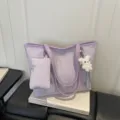 Purple large capacity tote shoulder bag with glitter butterfly print, cute bunny charm. - With Pendant / Purple
