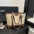Woven tote bag for women, large capacity casual shoulder bag, stylish PU leather handbag. - Without Pendant / Khaki