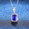 S925 sterling silver square blue sapphire halo pendant necklace for women, elegant jewelry. - Lab-Grown Sapphire 1ct