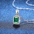 Exquisite 925 silver square emerald gemstone necklace with sparkling zircon halo for women. - Zambian Lab-Grown Emerald 1ct