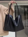 Soft faux leather slouchy tote bag detail, casual black shoulder bag for women daily use - Black