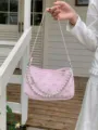 Pink quilted baguette bag with pearl and metal chain straps, cute bow accents for women. - Pink