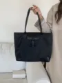 Large capacity women black nylon tote bag, stylish leather splicing student shoulder handbag. - Black