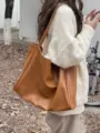 Retro large capacity brown tote bag, super soft leather shoulder bag for daily style. - Brown