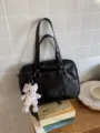Japan JK uniform black PU leather large capacity tote bag with cute plush pendant for commute. - Black without Charm