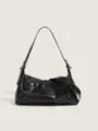 Black glossy leather vintage shoulder bag for women, chic underarm crossbody handbag. - Black