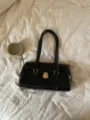 Black retro underarm shoulder bag for women, PU leather handbag with gold hardware. - Black