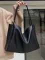 Women large capacity black soft leather tote bag casual commuter shoulder handbag style - Black