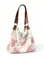 Borsa a spalla vintage con patchwork floreale, bordo in pizzo e manici in vera pelle. - Rosa