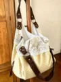 Korean style polka dot canvas shoulder bag with white lace trim and brown PU leather straps. - Yellow Polka Dot