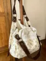 Korean style floral canvas tote bag with lace trim, large capacity shoulder bag for women. - Beige Floral