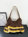 Handgefertigte Häkel-Tasche Strick Eimer Tasche Rüschen Kontrastfarbe Damen Alltagshandtasche - Kaffee