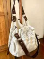 Korean style canvas tote shoulder bag with contrast lace patchwork and vertical stripes daily. - White Striped
