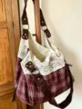 Korean style plaid canvas shoulder bag with lace contrast trim, large capacity commuter tote. - Dark Red