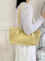 Yellow woven tote bag detailed shot, stylish summer shoulder bag for women daily commute. - Earthy Yellow