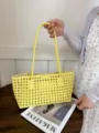Yellow hollow woven tote bag, stylish summer commuter shoulder bag with double handles. - Bright yellow