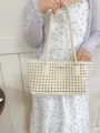 Women's woven tote bag stylish cutout design large capacity summer shoulder handbag cream - White