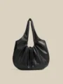 Borsa a spalla nera arricciata da donna, elegante borsa a mano hobo in morbida pelle. - Nero