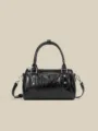 Black leather Boston shoulder bag, stylish casual bowling handbag with metal studs. - Black