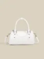 White Boston shoulder bag for women, stylish PU leather handbag with top handle and crossbody strap. - White