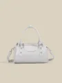 White Boston shoulder bag, stylish PU leather bowling handbag with silver hardware and strap. - Silver
