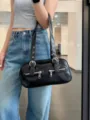 Black retro boston shoulder bag, Y2K fashion PU leather handbag with dual front pockets. - Black