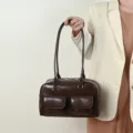 Borsa a tracolla da donna marrone in stile vintage con doppie tasche, borsa casual. - Caffè