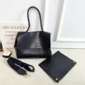 Black crocodile pattern PU leather shoulder bag with matching pouch and wide strap set sku - Black Crocodile Pattern
