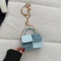 Retro kleur-geblokte mini schoudertas crossbody tas met handvat en gouden ketting. - Blauw