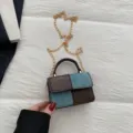Mini denim and brown colorblock crossbody bag with metal chain strap and top handle stylish. - Coffee Blue