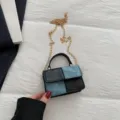 Women color block denim PU leather mini shoulder crossbody bag with gold chain strap - Black and Blue