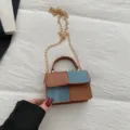 Retro color-block mini shoulder crossbody bag, denim and PU leather cute handbag for women. - Brown and Blue