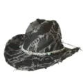 Close-up view of vintage distressed denim cowboy hat showing frayed edges and beaded hatband. - M (56-58cm) / Distressed Brushed Style / Black