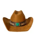 Vue détaillée du chapeau de cowboy en suédine marron avec boucle turquoise et broderie. - M (56-58cm) / Marron
