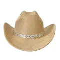 Cappello da cowboy occidentale in camoscio con catena di strass, cappello da festa. - M（56-58cm） / Cachi