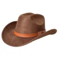 Brown suede cowboy hat detail showing woven leather band and metal buckle closeup view. - Coffee / M (56-58cm)