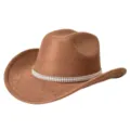 Close-up of brown suede cowboy hat featuring a sparkling rhinestone chain band and curved brim. - M (56-58cm) / Brown
