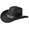 Chapeau de cowboy occidental en suédine noire avec bande en cuir marron et clous floraux, détail. - M (56-58cm) / Noir