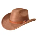 Detail view of brown suede cowboy hat with textured woven leather belt and metal buckle. - Brown / M (56-58cm)