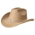 Khaki suede cowboy hat with sparkling rhinestone chain, wide brim western party hat. - M (56-58cm) / Camel