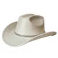 White suede western cowboy hat featuring sparkling rhinestone chain band, wide upturned brim detail. - M (56-58cm) / Beige
