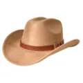 Vintage suede western cowboy hat with woven leather belt and metal buckle for outdoor wear. - Khaki / M (56-58cm)
