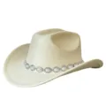 Primo piano dettaglio del cappello da cowboy in camoscio sintetico bianco con perla. - M（56-58cm） / Bianco avorio