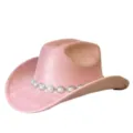 Cappello da cowboy in camoscio rosa con catena di perle, elegante tesa curva per feste. - M（56-58cm） / Rosa
