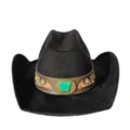 Close-up of western cowboy hat detail, black suede, turquoise buckle and embroidered band. - M (56-58cm) / Black