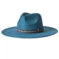 Chapeau fedora en suédine bleue avec bande géométrique ethnique, large bord vintage. - M (56-58cm) / Bleu sarcelle